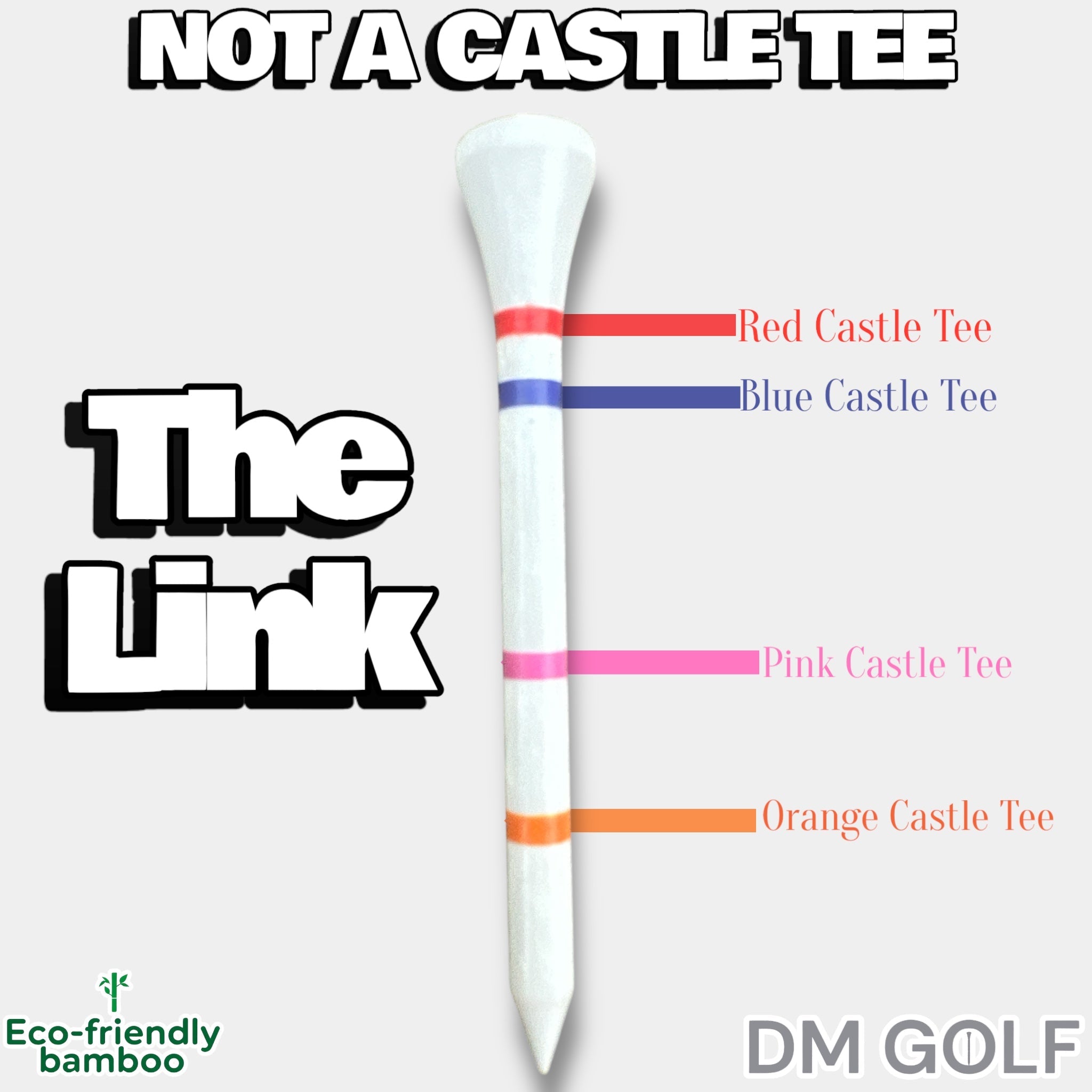 The Link-Not A Castle Tee-Premium 70mm Bamboo Golf Tee With Orange, Pink, Blue & Red Castle Height Indicators-30 Pack