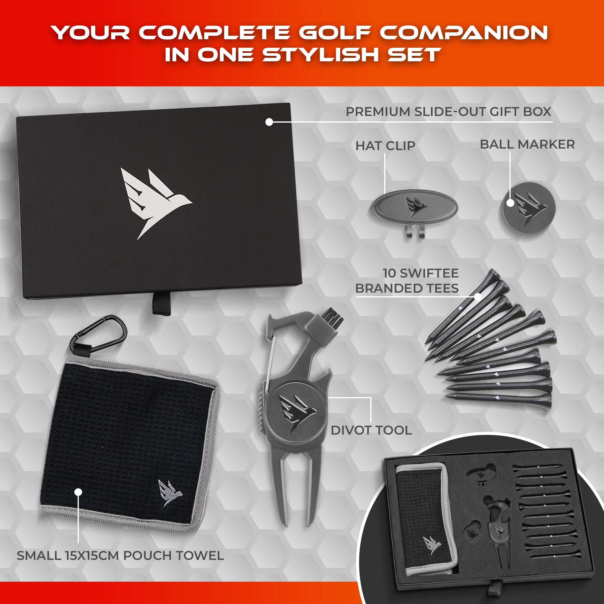 SWIFTEE Premium Golf Gift Set – 7-in-1 Multi Tool, Tees, Ball Marker & Towel