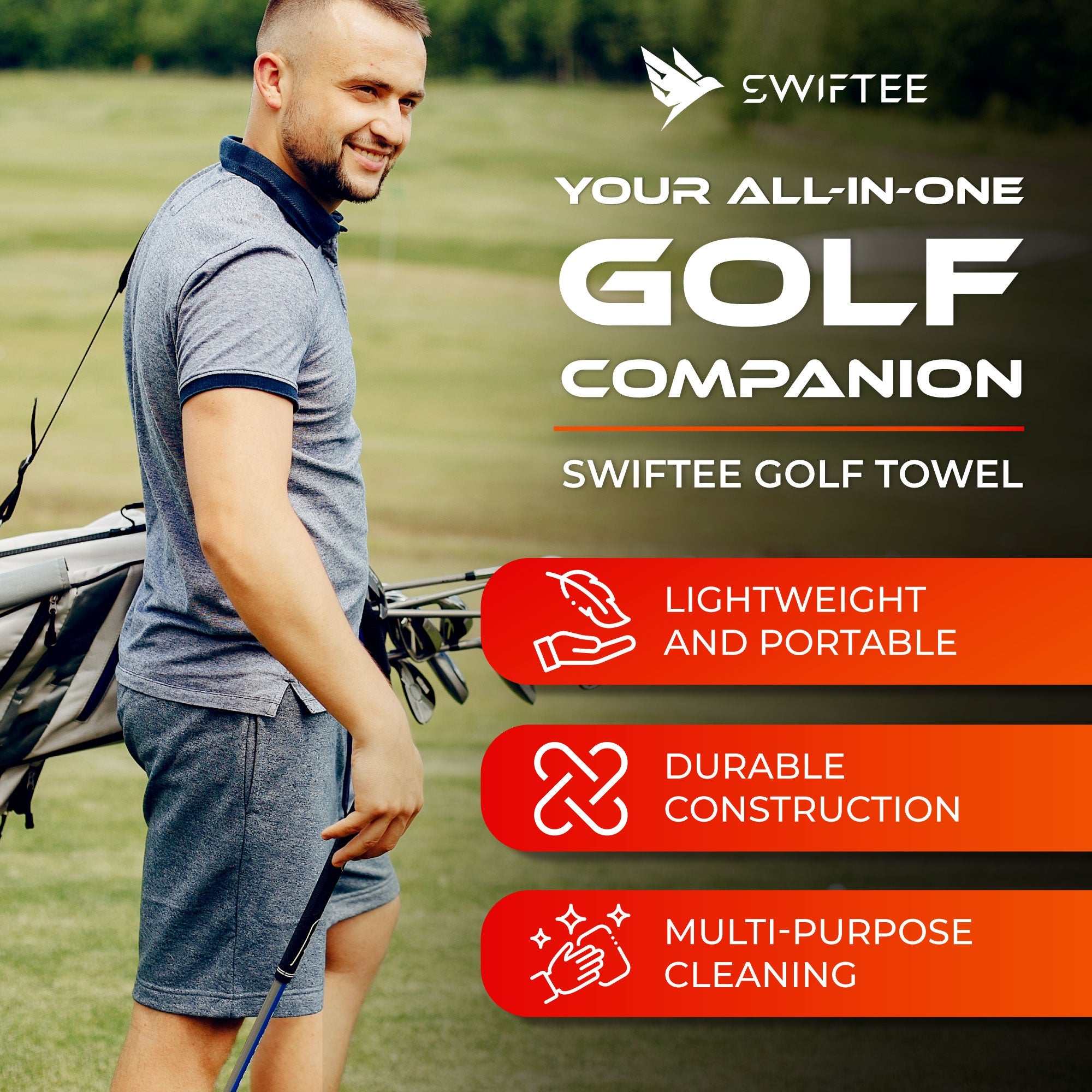 SWIFTEE 4-in-1 Golf Towel with Magnet & Brush – Wet/Dry Cleaning Towel (Grey)