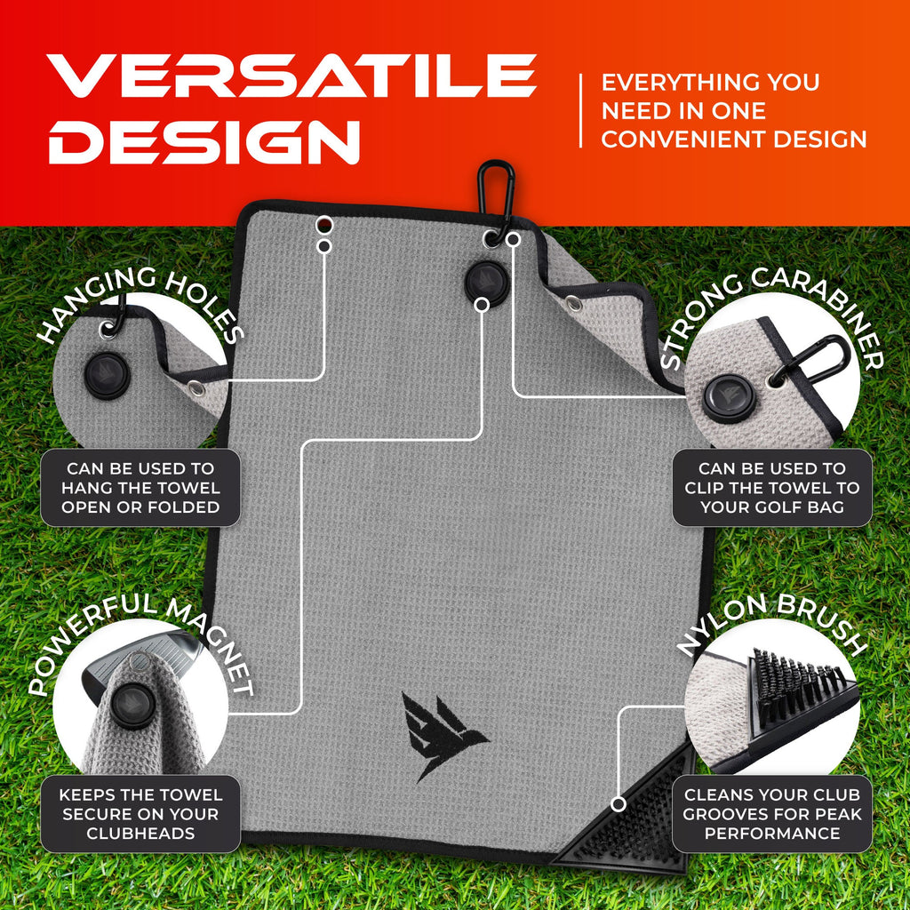 SWIFTEE 4-in-1 Golf Towel with Magnet & Brush – Wet/Dry Cleaning Towel (Grey)