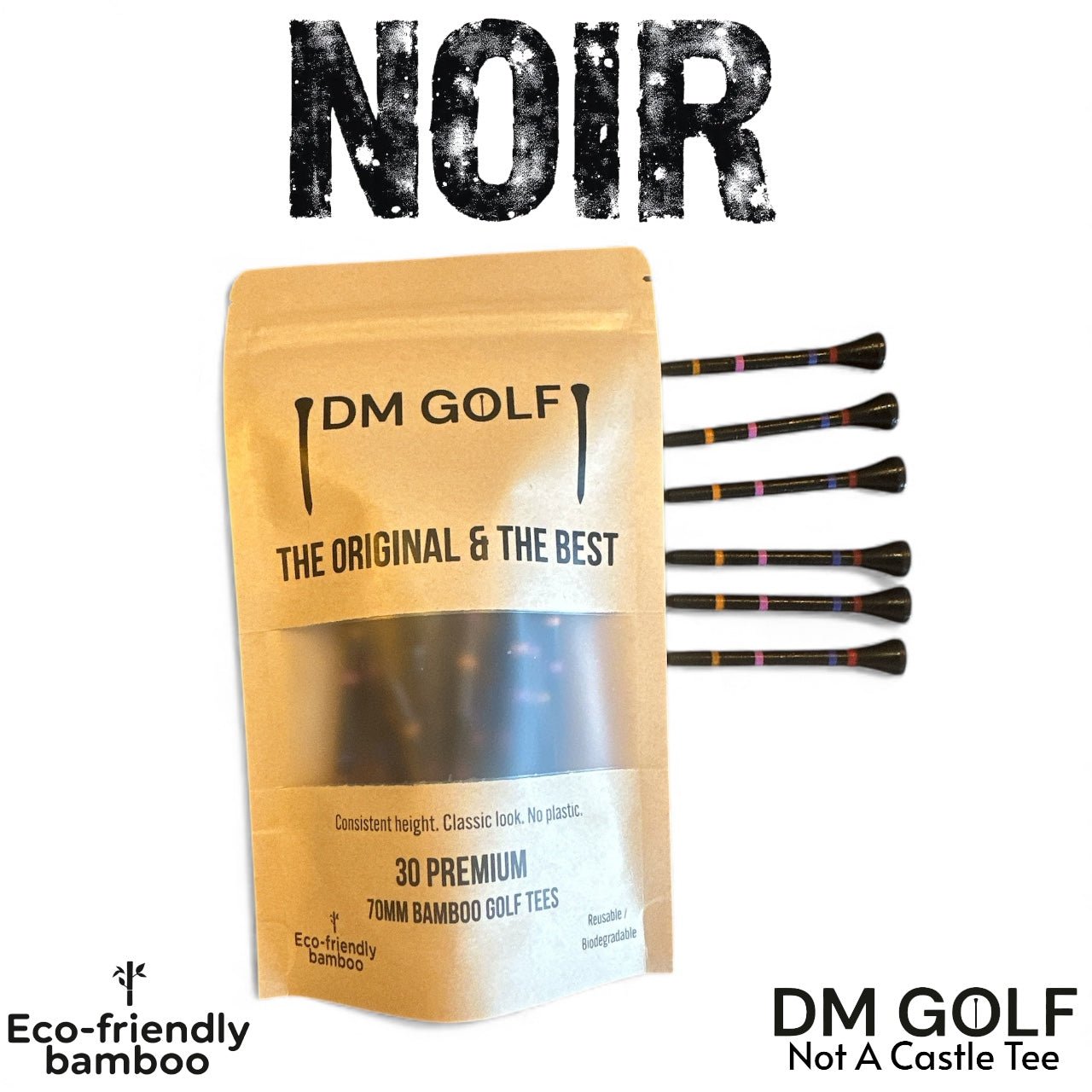 Noir-Not A Castle Tee-Premium 70mm Bamboo Golf Tee With Orange, Pink, Blue & Red Castle Height Indicators-30 Pack